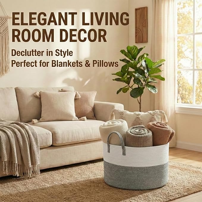 JMvicyroam 115L Extra Large Blanket Basket for Living Room - Woven Cotton Rope Laundry Hamper with Reinforced Handles - Storage Bin for Pillows, Comforters & Toys - Machine Washable,White&Grey