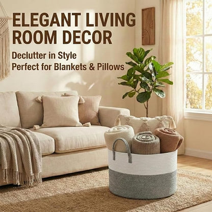 JMvicyroam 115L Extra Large Blanket Basket for Living Room - Woven Cotton Rope Laundry Hamper with Reinforced Handles - Storage Bin for Pillows, Comforters & Toys - Machine Washable,White&Grey