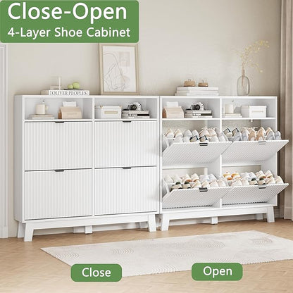 Xixini Shoe Cabinet with 4 Flip Drawers, 46" Tall Narrow Fluted Shoe Storage Organizer for Entryway, Hidden Slim Wooden Shoe Rack Cabinet for Front Door Entrance, Hallway, Living Room, Solid White