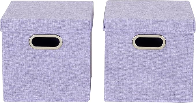 Household Essentials 814-1 Café Cube Bin Storage Set with Lids and Handles | 2 Pack, Purple Linen