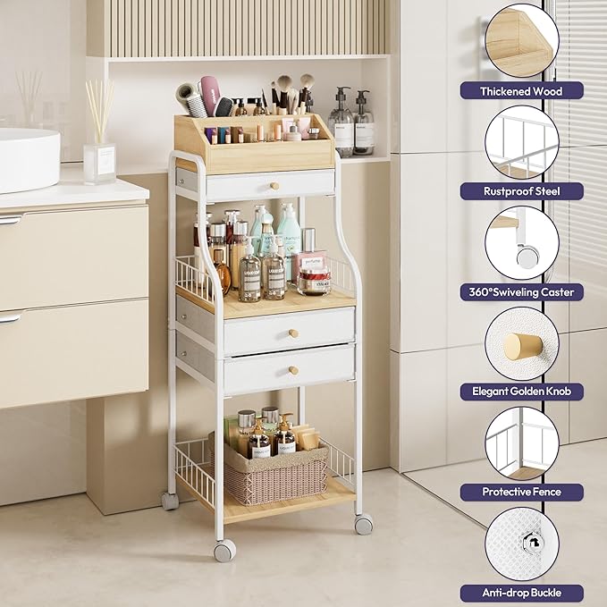 SWTYMIKI Rolling Makeup Organizer Cart - Floor Skincare Storage with Non-woven Drawers, Vanity Organizer Cosmetic Display Cases with Wheels, Cabinet for Skin Care Perfume Nail Polish Brush Hair Tool