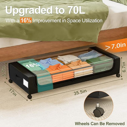 GoMaihe Under Bed Storage with Wheels: 70L Underbed Storage Containers with Clear Lids - Rolling Drawers & Bins for Shoes Clothes in Dorm Bedroom - Space-Saving Easy Pull-out Black 2-Pack