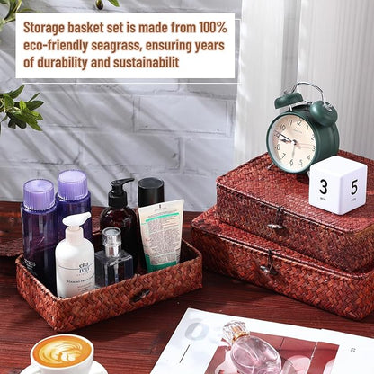Didaey Set of 4 Seagrass Basket with Lid Wicker Storage Basket Decorative Storage Boxes with Lids Flat Storage Bins Woven Organizer Baskets for Shelf Closet Bedroom, 4 Sizes (Retro Red)