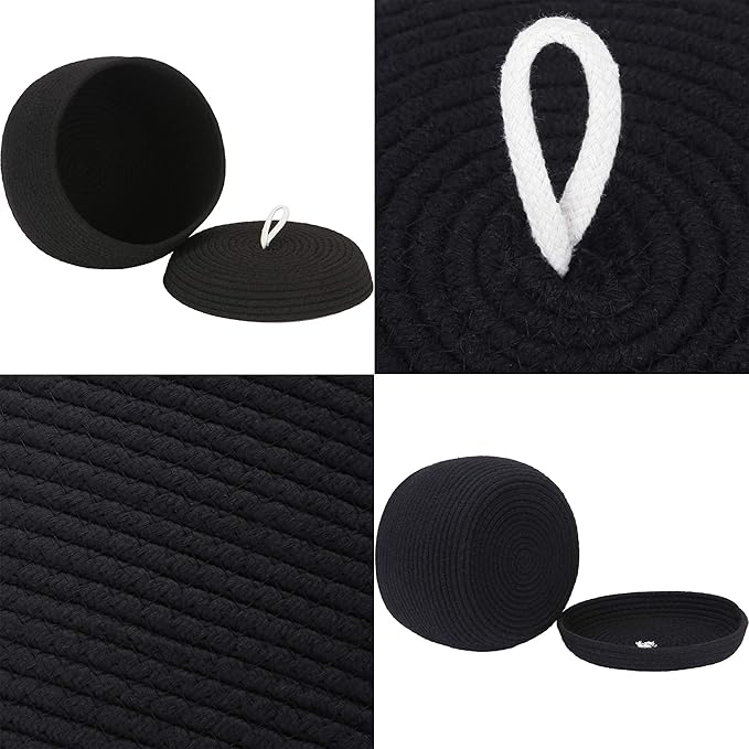 Sea Team Round Cotton Rope Storage Basket with Lid, Decorative Woven Storage Bin, Pot, Caddy, Organizer, Container for Snacks, Towels, Plants (Black, Small/2-Pack)
