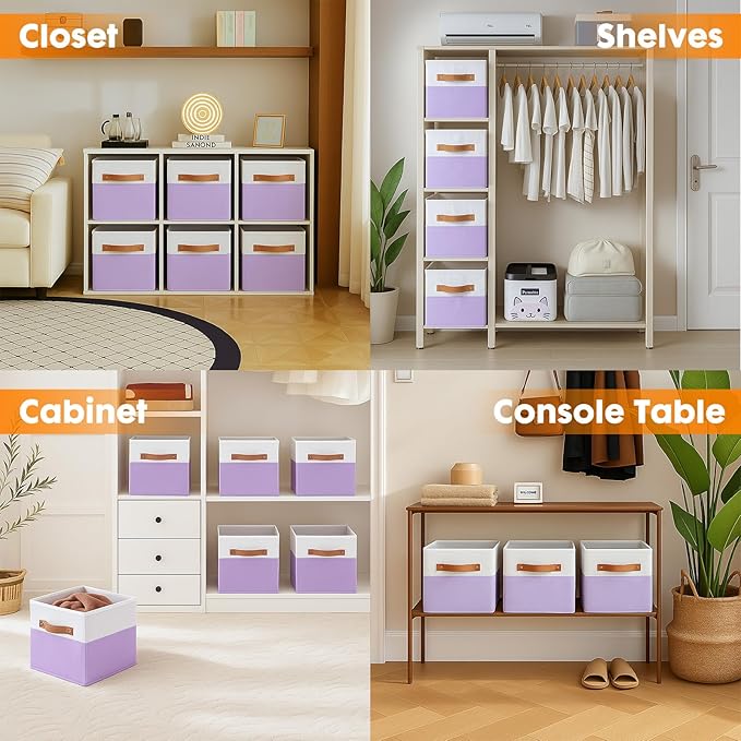 ShellKingdom Storage Bins, Two-Tone Foldable Fabric Storage Cubes with Leather Handle for Closet Toys Clothes Storage Organizer Drawer, 10.5 X 10.5 X 11 inch, 2 Pack (White/Lavender)