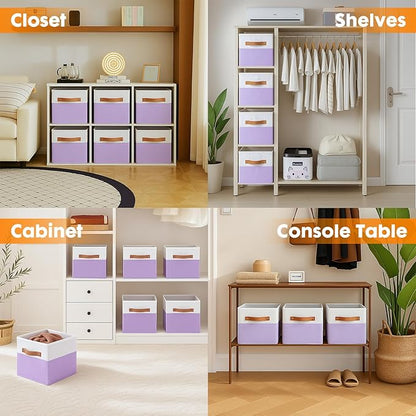 ShellKingdom Storage Bins, Two-Tone Foldable Fabric Storage Cubes with Leather Handle for Closet Toys Clothes Storage Organizer Drawer, 10.5 X 10.5 X 11 inch, 2 Pack (White/Lavender)