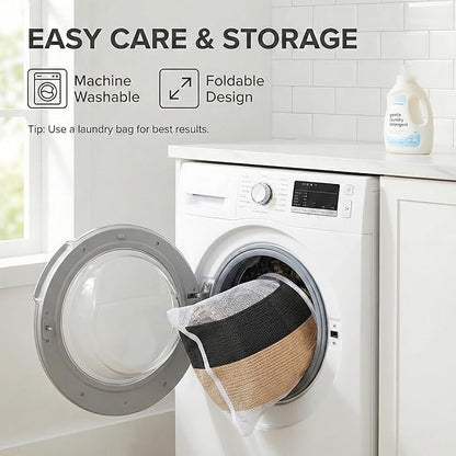 JMvicyroam 65L Extra Large Blanket Basket for Living Room - Woven Cotton Rope Laundry Hamper with Reinforced Handles - Storage Bin for Pillows, Comforters & Toys - Machine Washable,Black&Jute