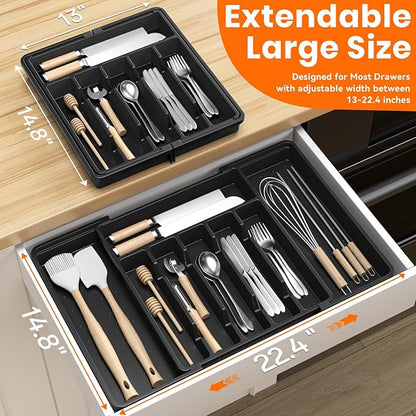 RoomHacks Large Silverware Organizer,Expandable Utensil Drawer Organizer,BPA Free Utensil Holder,Adjustable Silverware Tray Cutlery Drawer Organizer for Kitchen Flatware,Large,Black,2 Pack