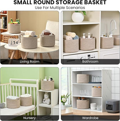 ICERZCZ Small Storage Baskets for Organizing, Organizer Baskets for Shelves, Small Woven Basket for Storage, Cute Cotton Rope Basket for Gifts Empty, 9.7"×9.7"×7" (3 Packs) Brown