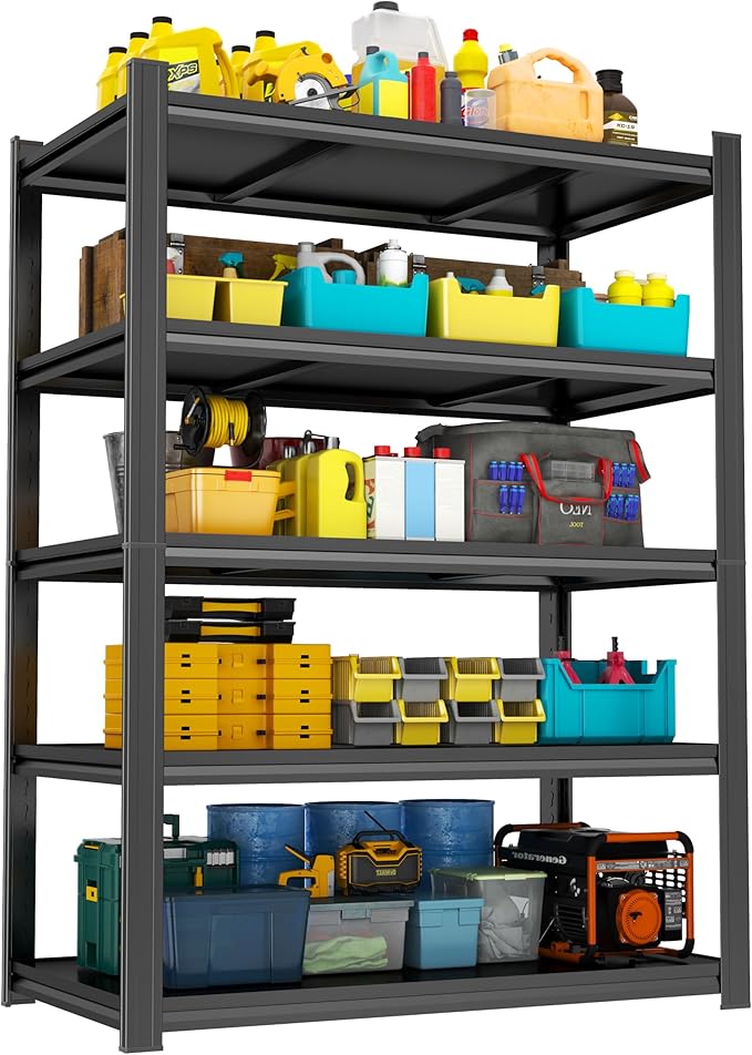 Heavy Duty Garage Shelving Unit, 5-Tier Adjustable Metal Storage Shelves, 3000LBS Utility Rack Shelf for Garage & Basement,Tool Organization, Warehouse, Pantry Closet, Kitchen, 77" H, Black