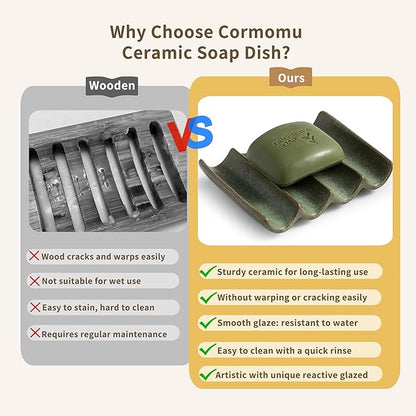 Draining Ceramic Soap Dish - Fluted Design, Bar Soap Holder for Shower & Bathroom, Soap Saver Sponge Lift, Green