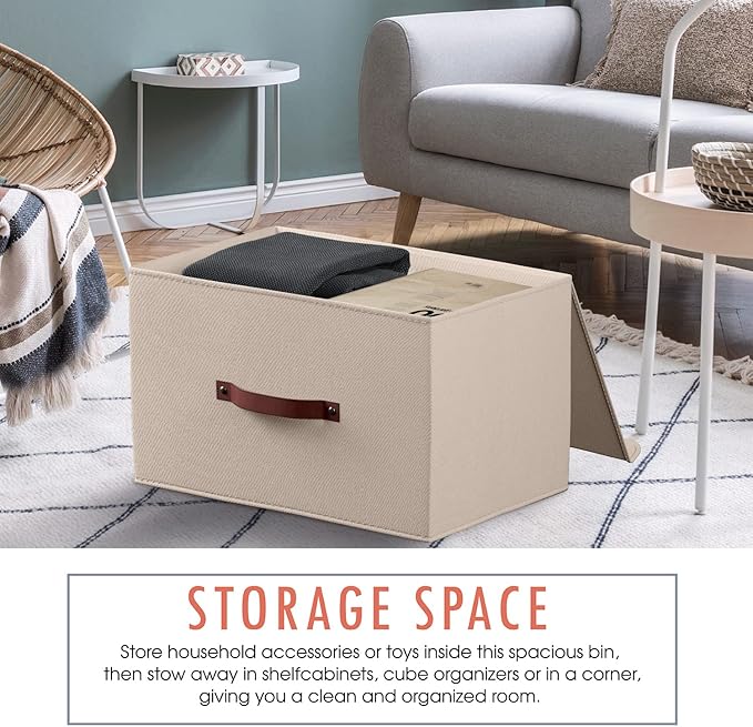Ornavo Home 3 Pack Collapsible Storage Bins with Lid, Foldable Linen Fabric Shelf Storage Basket Closet Organizer and Large Storage Box for Clothes with Leather Handles, 16.5 x 11.8 x 7.5, Beige