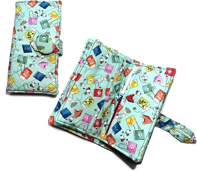 Tea Bag Wallet, XL, Featuring Tea Cups and Flowers, Twelve Pockets, Nothing Falls Out, Secure Hold Tea Bags, Includes 4 Tea Bags, Quilted Handmade, Your Choice of Fabric