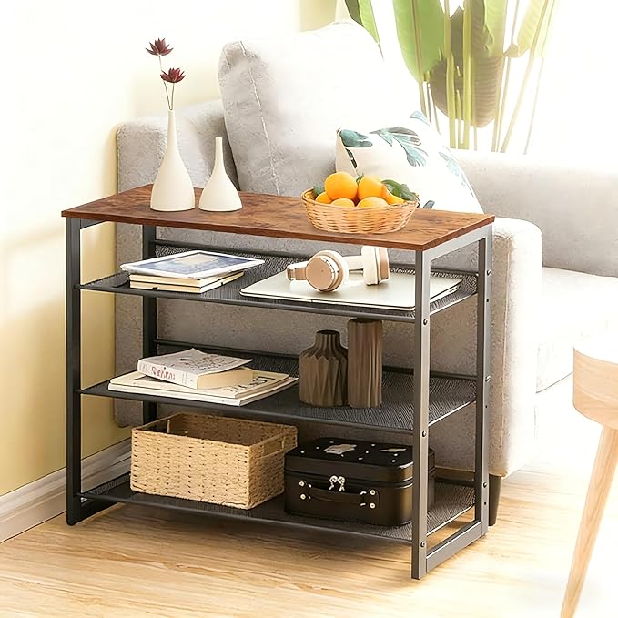 Garden 4 you Shoe Rack for Entryway 4 Tiers 11.8" D x 25" W x 28" H, Metal Shoe Rocks with Brown Wooden Tabletop, Angled Shoes Rack with Adjustable Mesh Shelves for Entryway Hallway Closet