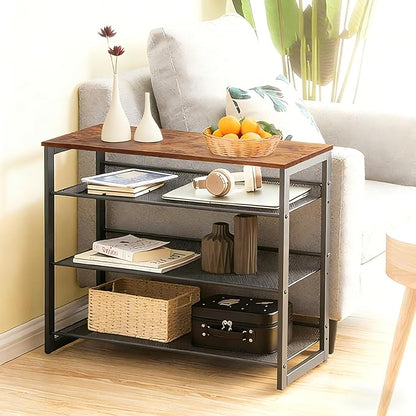 Garden 4 you Shoe Rack for Entryway 4 Tiers 11.8" D x 25" W x 28" H, Metal Shoe Rocks with Brown Wooden Tabletop, Angled Shoes Rack with Adjustable Mesh Shelves for Entryway Hallway Closet