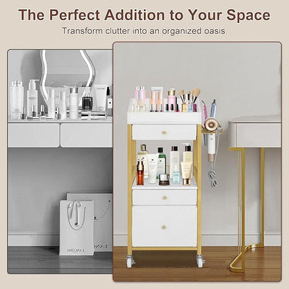 Makeup Organizer Cart with 3 Drawers, Rolling Vanity Organizer with Adjustable Dividers, Detachable Hair Tool Holder, Lockable Wheels for Small Spaces, Gold & White
