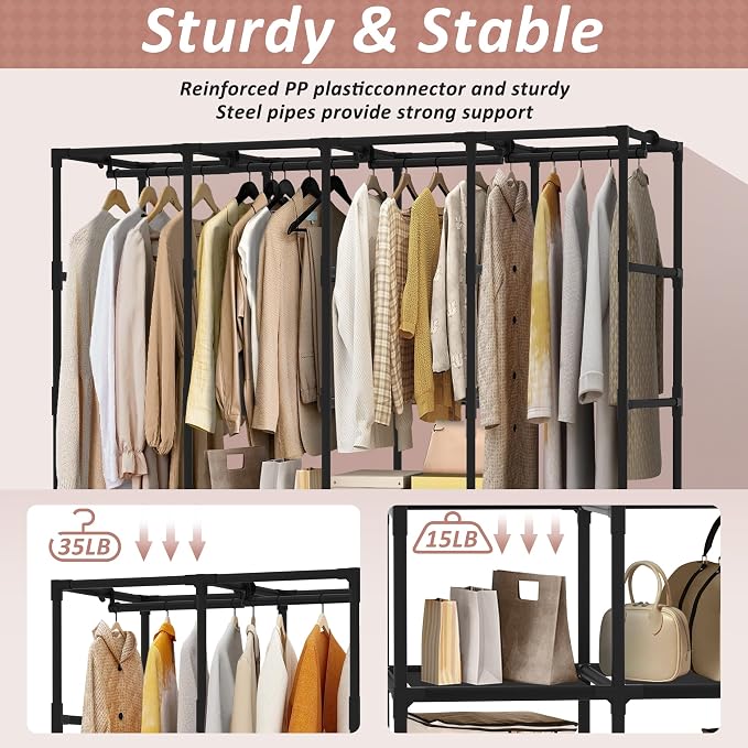 Wardrobe Closet, Quick and Easy Assembly, Black Large Capacity Portable Closet with 4 Hanging Rods 8 Storage Shelves and 8 Side Pockets, Clothes Rack with Cover, for Bedroom and Living Room
