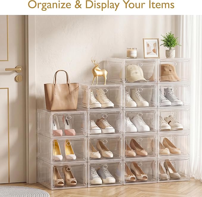 7 code Shoe Organizer, Clear Thickened Stackable Shoe Boxes with Magnetic Door, Collapsible Closet Storage Rack for Sneakers & Boots, 6 Pack White, Virgin Material, Not Recycled Plastic for Household