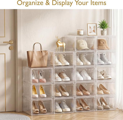 7 code Shoe Organizer, Clear Thickened Stackable Shoe Boxes with Magnetic Door, Collapsible Closet Storage Rack for Sneakers & Boots, 6 Pack White, Virgin Material, Not Recycled Plastic for Household