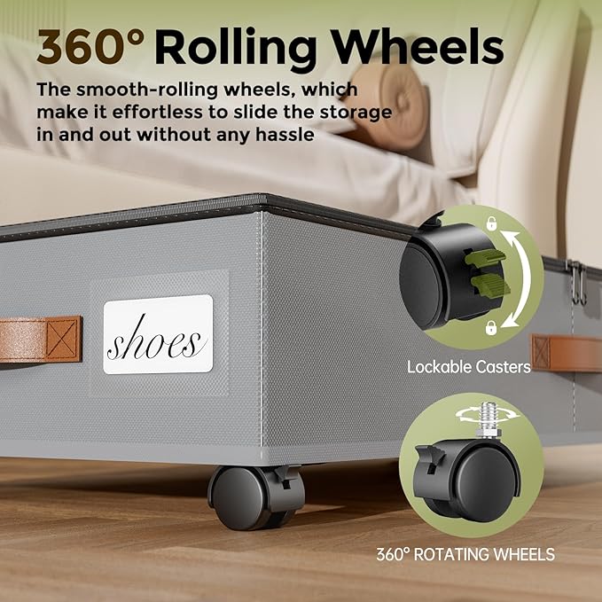 LAMU Under Bed Storage with Wheels, 2 Pack Under Bed Storage Containers with Clear Lids & Label, Rolling Under Bed Drawers for Clothes, Shoes, Blankets, Grey