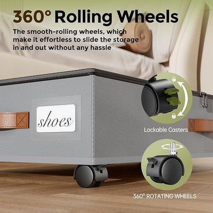 LAMU Under Bed Storage with Wheels, 2 Pack Under Bed Storage Containers with Clear Lids & Label, Rolling Under Bed Drawers for Clothes, Shoes, Blankets, Grey