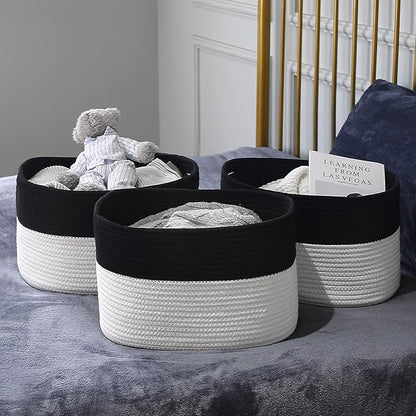 ECDYQXVU Cotton Rope Storage Basket, 15x10x9 Inches, Woven Basket for Shelves, Clothes, Towels, Books, and Laundry, Black/ White (1 Pack)