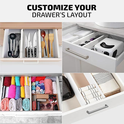 4-Pack Bamboo Drawer Dividers - 12.2 to 17.3 Inches Deep, 2.6 Inches High, Adjustable Expandable Drawer Organizer Dresser Separator for Clothes, Utensils, Kitchen, Bathroom, Office Storage, White