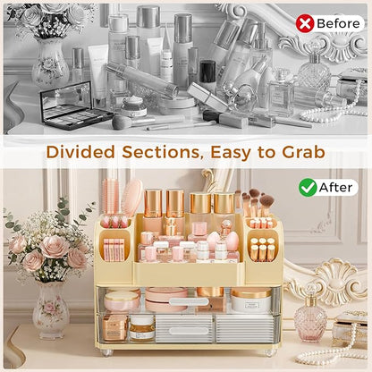 Makeup Organizer for Vanity with Brush Holder, Large Bathroom Countertop Organizer & Skincare Storage | Perfume, Cosmetics Display Case with Drawers (Cream White)