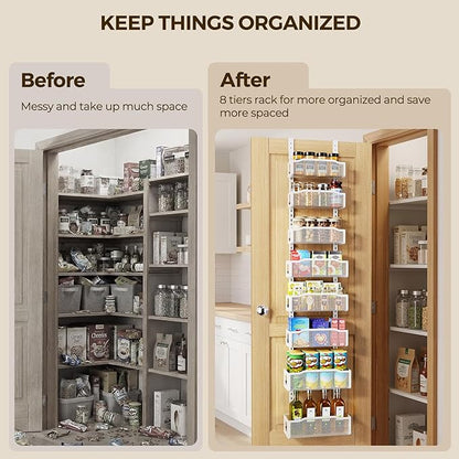 Delamu 8 Tier Over the Door Pantry Organizer, 2in1 Hanging or Wall Mount Spice Rack Seasoning, Adjustable Heavy-Duty Narrow Pantry Door Organizer and Storage for Kitchen Cabinet and Bathroom,12" White