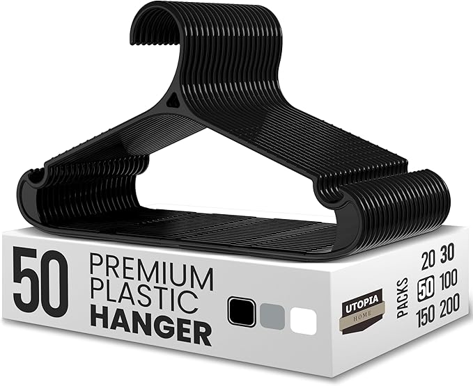 Utopia Home Clothes Hangers - Standard Plastic Hangers Space Saving - Durable Coat Hangers 50 Pack (Black)