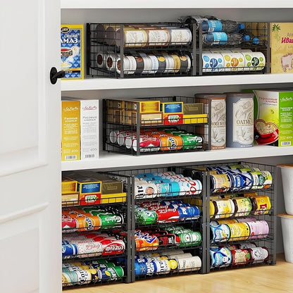 JKsmart 2-Tier Stackable Rack Organizer for Pantry, Adjustable Dispenser Holds Up to 88 Cans, Storage Holder for Various Ounces of Canned Drinks, Black, 3 Pack