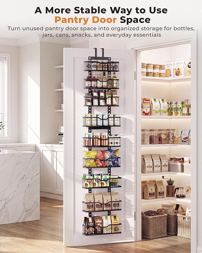 EVERIE Over the Door Pantry Organizer, 9-Tier Heavy Duty Door Storage Rack with Solid Bottom Baskets, Stable No-Bumping Design, Adjustable Hanging Shelves for Kitchen Pantry