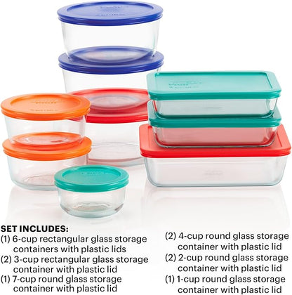 Pyrex Simply Store (9-Pack) Mixed Sized Glass Food Storage Set, Round & Rectangular Containers With Plastic Lids, BPA-Free, Dishwasher & Microwave Safe