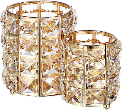 Hipiwe Makeup Brush Holder Gold Bling Crystal Makeup Brush Organizer Round Remote Control Holder Cosmetic Brush Tools Comb Pen Pencil Storage Pot Cup for Vanity, Office, Home Decor, 2-Slot