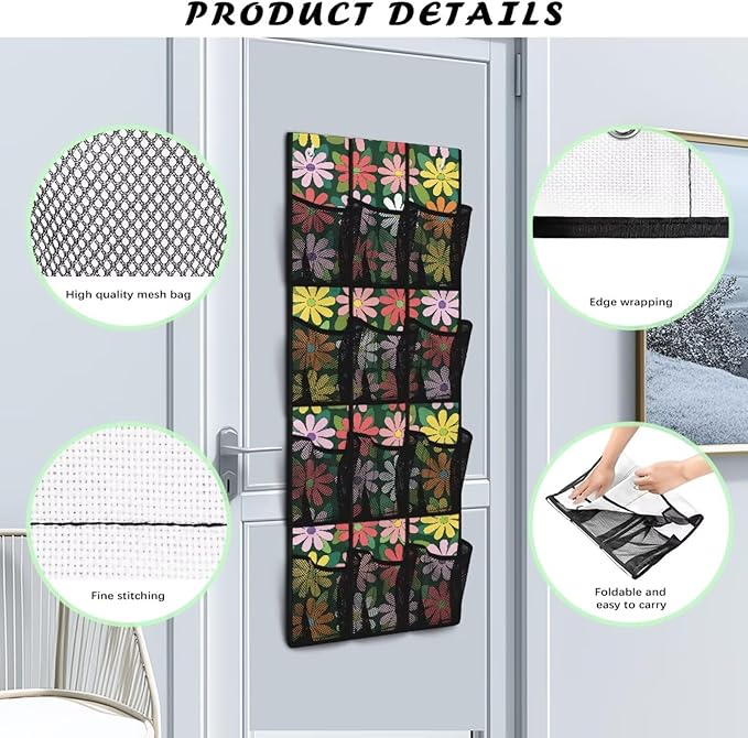 Colorful Hippie Flower Over the Door Shoe Organizer 12 Large Mesh Pockets Hanging Shoe Rack for Door Shoe Storage Organizer Shoe Holder Hanger