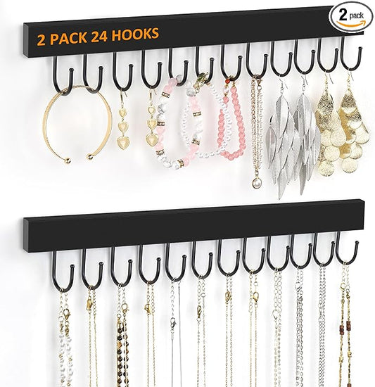 Jewelry Organizer Wall Mounted 2 Pack, Wooden Necklace Holder Wall Hanger with 24 Hooks for Hanging Necklaces and Jewelry Storage, Black