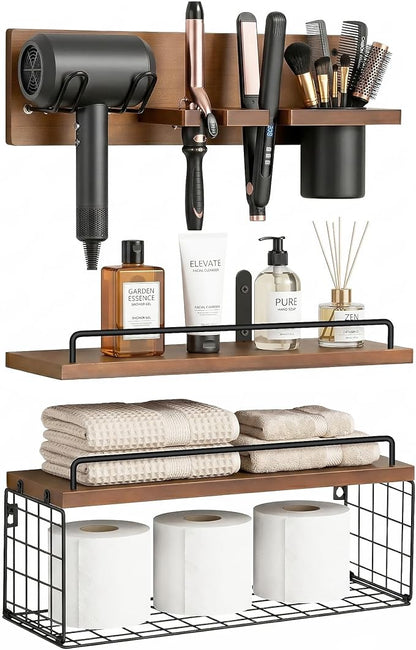 3-Tier Bathroom Floating Shelves with Curling Iron Holder & Hair Tool Organizer, Wall Mounted Rustic Wood Storage Rack Over Toilet with Hair Dryer Holder for Bathroom Decor & Organization
