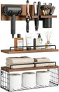 3-Tier Bathroom Floating Shelves with Curling Iron Holder & Hair Tool Organizer, Wall Mounted Rustic Wood Storage Rack Over Toilet with Hair Dryer Holder for Bathroom Decor & Organization