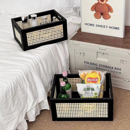 Storage Basket, Wooden Bamboo Weaving Storage Basket Hand-Woven Desktop Storage Bins for Toys, Snacks, Office/Home Supplies, Cosmetics, etc. (S)