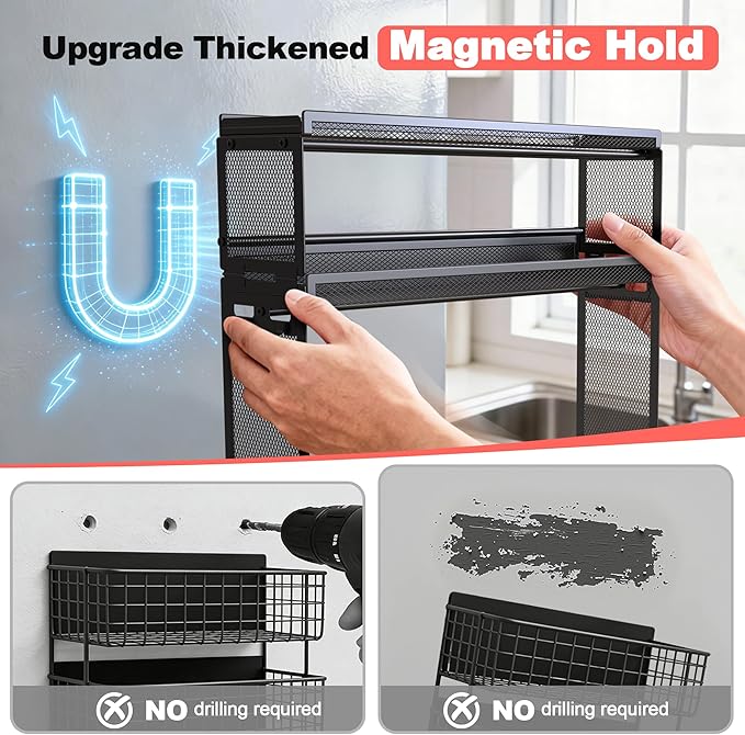 Docnest 3 Tier Magnetic Spice Rack for Refrigerator with 9 Hooks, Space-Saving Metal Spice Organizer, Condiment Storage Spice Shelf for Ferrous Metal Surfaces- Black
