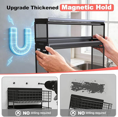 Docnest 3 Tier Magnetic Spice Rack for Refrigerator with 9 Hooks, Space-Saving Metal Spice Organizer, Condiment Storage Spice Shelf for Ferrous Metal Surfaces- Black