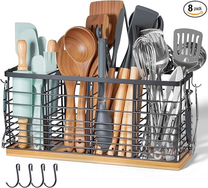 Nigelia 4 Compartments Extra Large Kitchen Utensil Holder with Wooden Base, Metal Organizer for Kitchen Countertop, Matte Black Cooking Utensils Holder with 4 Hooks for Tools Storage