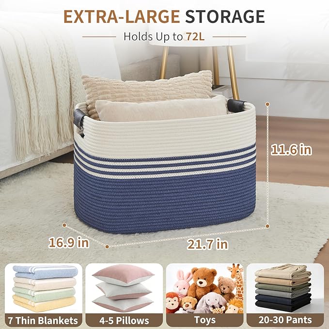 AINUOQI Laundry Basket with Handles - Blanket Basket & Hampers for Bedroom Aesthetic, Laundry Hamper & Blanket Storage for Living Room, Clothes Hamper, Tall, Large 21.7" x 16.9" x 11.8”, Blue