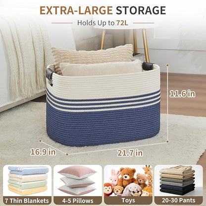 AINUOQI Laundry Basket with Handles - Blanket Basket & Hampers for Bedroom Aesthetic, Laundry Hamper & Blanket Storage for Living Room, Clothes Hamper, Tall, Large 21.7" x 16.9" x 11.8”, Blue