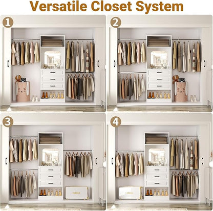 Unikito 48" W - 96” W Closet System with Mirror, 8FT Walk in Closet Organizer Kits with Drawers and 3 Extendable Hanging Rod, Sturdy Wood Clothing Garment Rack with 25” Tower, Max Load 1000 LBS, White