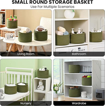ICERZCZ Small Storage Baskets for Organizing, Organizer Baskets for Shelves, Green Woven Basket for Storage Decor, Small Decorative Cotton Rope Basket, 9.7"×9.7"×7" (3 Packs) Green