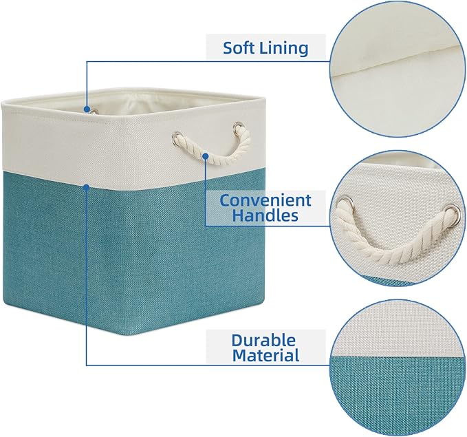 Temary Fabric Storage Set - 4 Large Cube Baskets (13x13), White & Teal