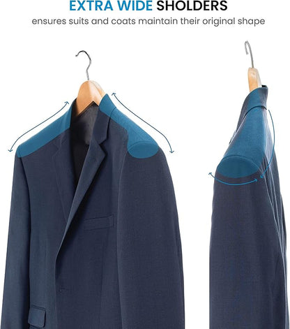 ZOBER 6 Pack High-Grade Wooden Suit Hangers for Men, Wide Shoulder Hangers with Non Slip Pants Bar, Smooth Finish, Holds Upto 20lbs, 360° Swivel Hook, Jacket Hanger, Heavy Duty Wide Hanger for Closet