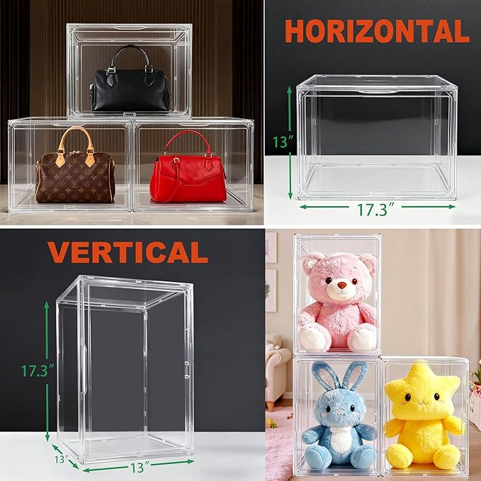 XXX-Large Acrylic Purse Handbag Display Case with Lid 17.3''x13''x13'' Purse Organizer for Closet Clear Handbag Storage Box, Extra Large Storage Bins for Helmet, Tall Boots, Collectibles
