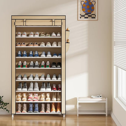 Laiensia 9-Tier Shoe Rack ，Space Saving Shoe Storage Organizer Non-Woven Cover Shoe Shelf Holds 36-45 Pairs for Bedroom, Hallway, Entryway, Beige